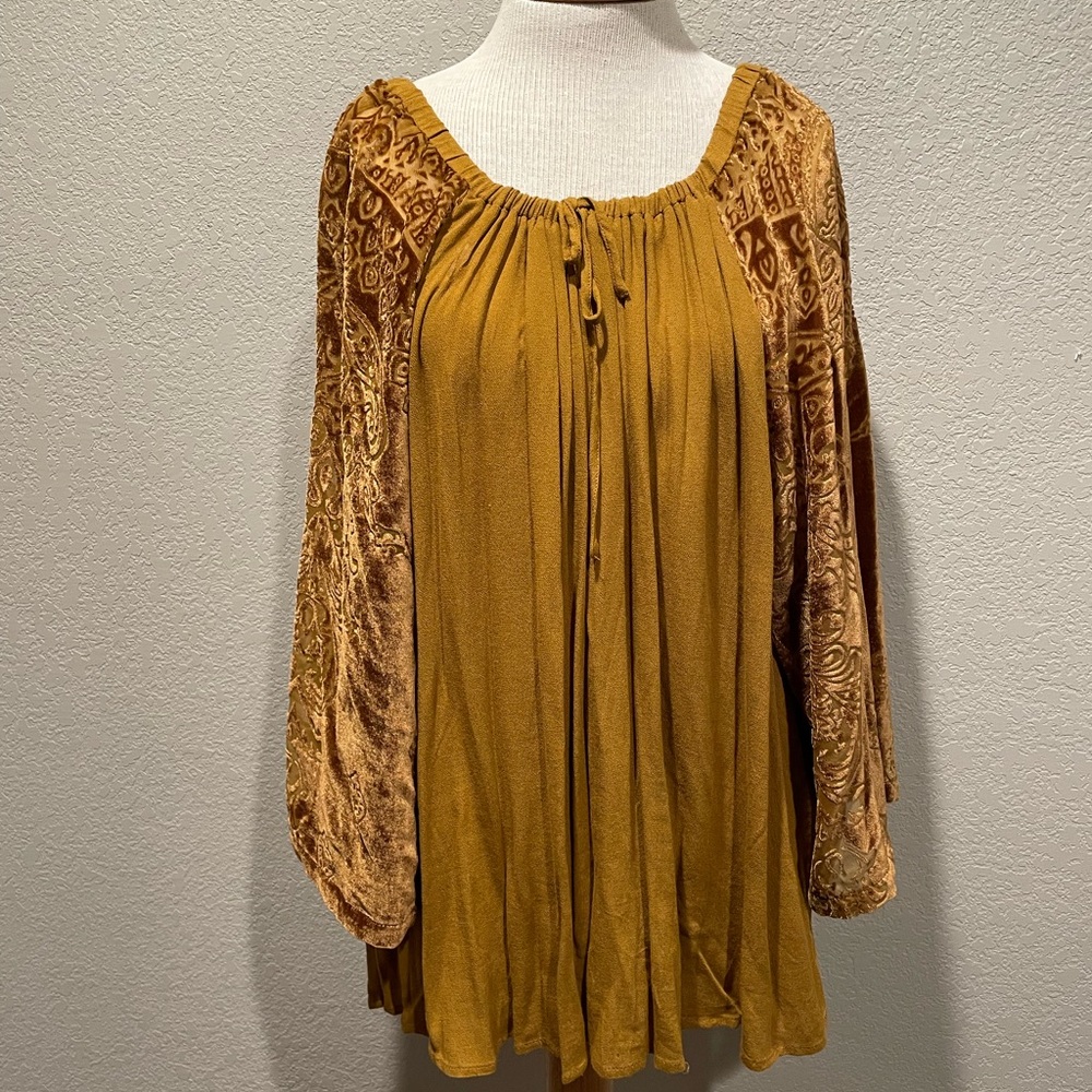 Darling top with velvet sleeves. Worn once, in excellent condition.